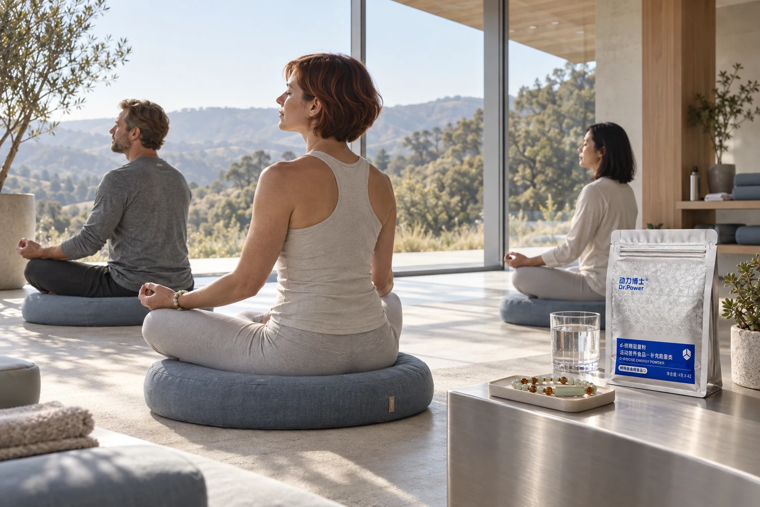 硅谷风格现代 ZEN 空间中，虚构的国际科技从业者静坐，铝质台面自然摆放动力博士银色包装与 AI MALA 的 AI 概念图